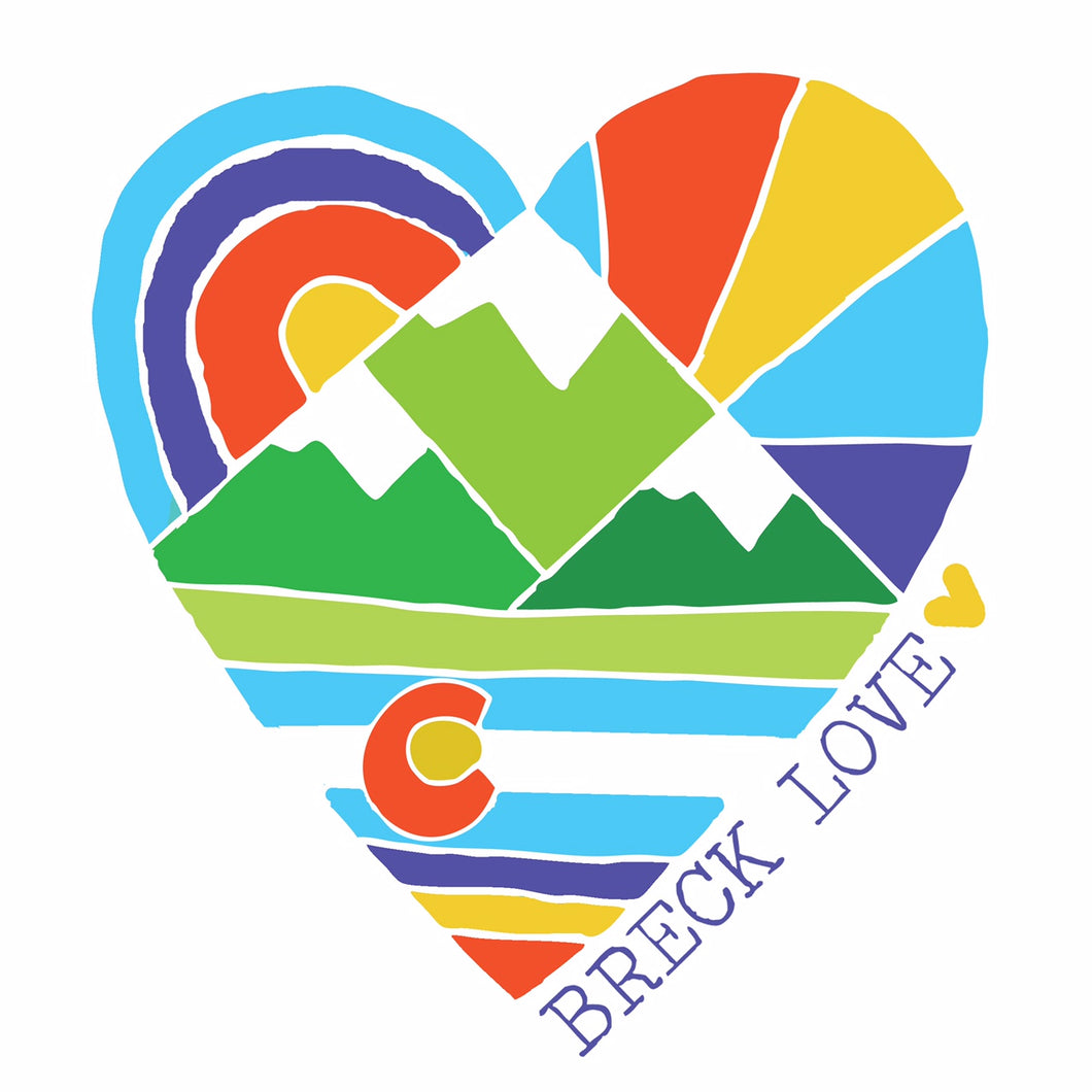 Super colorful heart shaped Breck Love sticker design by a super colorful Breckenridge artist